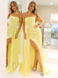Pretty Mermaid Strapless Satin Long Prom Dresses With Split Prom Dress Graduation Dress HZ1121