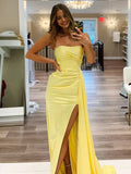 Pretty Mermaid Strapless Satin Long Prom Dresses With Split Prom Dress Graduation Dress HZ1121