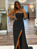 Pretty Mermaid Strapless Satin Long Prom Dresses With Split Prom Dress Graduation Dress HZ1121