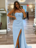 Pretty Mermaid Strapless Satin Long Prom Dresses With Split Prom Dress Graduation Dress HZ1121