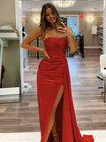 Pretty Mermaid Strapless Satin Long Prom Dresses With Split Prom Dress Graduation Dress HZ1121
