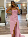 Pretty Mermaid Strapless Satin Long Prom Dresses With Split Prom Dress Graduation Dress HZ1121