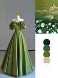 Fairy-tale A Line Off The Shoulder Green Satin Long Prom Dresses Evening Dresses HZ1121