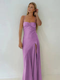 Simple Sheath Spaghetti Straps Prom Dresses Long Party Dress with Split Front HZ1121