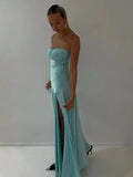 Simple Sheath Spaghetti Straps Prom Dresses Long Party Dress with Split Front HZ1121