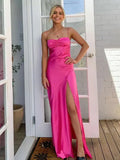 Simple Sheath Spaghetti Straps Prom Dresses Long Party Dress with Split Front HZ1121