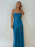 Simple Sheath Spaghetti Straps Prom Dresses Long Party Dress with Split Front HZ1121
