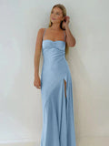 Simple Sheath Spaghetti Straps Prom Dresses Long Party Dress with Split Front HZ1121