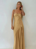 Simple Sheath Spaghetti Straps Prom Dresses Long Party Dress with Split Front HZ1121