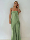 Simple Sheath Spaghetti Straps Prom Dresses Long Party Dress with Split Front HZ1121