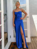 Simple Sheath Spaghetti Straps Prom Dresses Long Party Dress with Split Front HZ1121