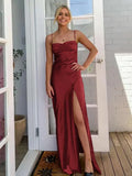 Simple Sheath Spaghetti Straps Prom Dresses Long Party Dress with Split Front HZ1121