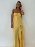 Simple Sheath Spaghetti Straps Prom Dresses Long Party Dress with Split Front HZ1121