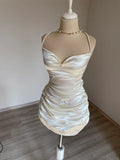 Classy Sheath Straps Short Homecoming Dress Cocktail Dress Satin White Birthday Dresses HZ1121