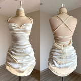 Classy Sheath Straps Short Homecoming Dress Cocktail Dress Satin White Birthday Dresses HZ1121