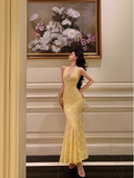Elegant Mermaid V neckline Sleeveless Yellow Lace 21st Birthday Dress Party Gown Birthday Outfits Birthday Dress Ideas For Women HZ1121