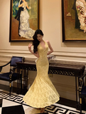 Elegant Mermaid V neckline Sleeveless Yellow Lace 21st Birthday Dress Party Gown Birthday Outfits Birthday Dress Ideas For Women HZ1121