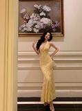 Elegant Mermaid V neckline Sleeveless Yellow Lace 21st Birthday Dress Party Gown Birthday Outfits Birthday Dress Ideas For Women HZ1121