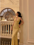 Elegant Mermaid V neckline Sleeveless Yellow Lace 21st Birthday Dress Party Gown Birthday Outfits Birthday Dress Ideas For Women HZ1121