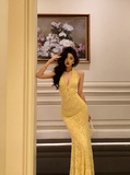 Elegant Mermaid V neckline Sleeveless Yellow Lace 21st Birthday Dress Party Gown Birthday Outfits Birthday Dress Ideas For Women HZ1121