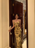 Elegant Mermaid Spaghetti Straps Yellow Floral Sleeveless 18th Birthday Dress Party Gown Birthday Outfits Birthday Dress Ideas For Women HZ1121
