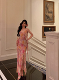 Classy Mermaid Pink Floral Chiffon Long 18th Birthday Dress Party Gown 21st Birthday Outfits Birthday Dress Ideas For Women HZ1121