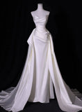 Dreamy Simple White Mermaid Satin Strapless Pleats Wedding Dress Summer Brides Dress HZ1121