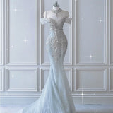 Dreamy Mermaid Wedding Dress Elegant Silver Off-Shoulder Evening Gown Summer Brides Dress HZ1121