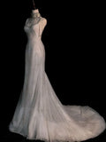 Chic White Mermaid Sequins Long Pleats Backless Wedding Dress Bridal Gowns HZ1121