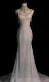 Chic White Mermaid Sequins Long Pleats Backless Wedding Dress Bridal Gowns HZ1121