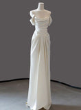 Simple Ivory Satin Off the Shoulder Pleats Wedding Dresses Summer Wedding Dress HZ1121