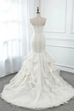 Chic Strapless Sweetheart Ivory Wedding Dresses Ruffles Tulle Sleeveless Bridal Gowns with Feather HZ1121