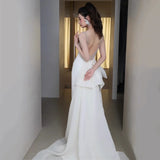 Simple White Mermaid Straps Pearls Wedding Dress Summer Wedding Dress HZ1121