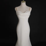 Simple White Mermaid Straps Pearls Wedding Dress Summer Wedding Dress HZ1121