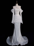 Chic White Mermaid Sequins Long Sleeve Pleats Wedding Dress Bridal Gowns HZ1121