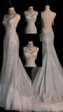Chic White Mermaid Sequins Long Pleats Backless Wedding Dress Bridal Gowns HZ1121