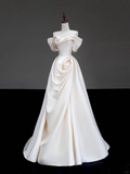 Classy Elegant A Line Off The Shoulder Flowers Satin Long Wedding Dress Brides Dress HZ1121