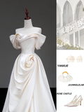 Classy Elegant A Line Off The Shoulder Flowers Satin Long Wedding Dress Brides Dress HZ1121