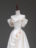 Classy Elegant A Line Off The Shoulder Flowers Satin Long Wedding Dress Brides Dress HZ1121