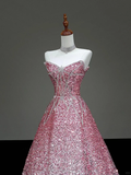 Fairy-tale Ball Gown Sweetheart Sequin Pink Silver Long Prom Dresses Evening Dresses HZ1121