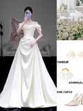 Classy Elegant A Line Off The Shoulder White Satin Long Wedding Dress Brides Dress HZ1121