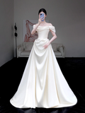 Classy Elegant A Line Off The Shoulder White Satin Long Wedding Dress Brides Dress HZ1121