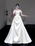 Classy Elegant A Line Off The Shoulder White Satin Long Wedding Dress Brides Dress HZ1121