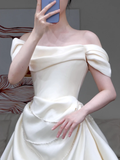 Classy Elegant A Line Off The Shoulder White Satin Long Wedding Dress Brides Dress HZ1121
