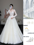Unique Bridal Gown Ball Gown V Neckline Long Sleeves White Lace Wedding Dresses Bridal Gowns HZ1121