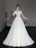 Unique Bridal Gown Ball Gown V Neckline Long Sleeves White Lace Wedding Dresses Bridal Gowns HZ1121