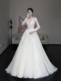 Unique Bridal Gown Ball Gown V Neckline Long Sleeves White Lace Wedding Dresses Bridal Gowns HZ1121