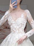 Unique Bridal Gown Ball Gown V Neckline Long Sleeves White Lace Wedding Dresses Bridal Gowns HZ1121