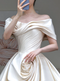 Classy Elegant A Line Off The Shoulder White Satin Long Wedding Dress Brides Dress HZ1121