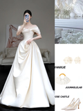 Classy Elegant A Line Off The Shoulder White Satin Long Wedding Dress Brides Dress HZ1121